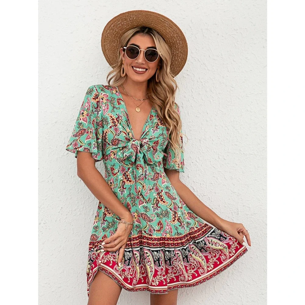 Paisley Floral Print Tie Front Flutter Sleeve Ruffle Hem Dress boho - Picture 1 of 6